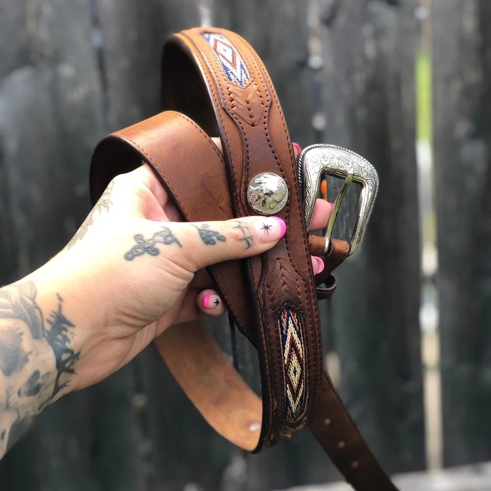 Orvis Brown Leather Belt with Southwestern Inlay and Silver Buckle